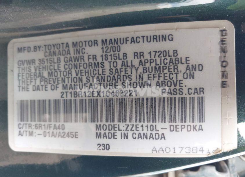 Photo 9 of 2001 Toyota Corolla LE (VIN 2T1BR12EX1C463221)