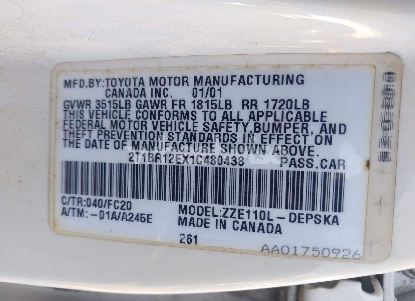 Photo 9 of 2001 Toyota Corolla S (VIN 2T1BR12EX1C480438)