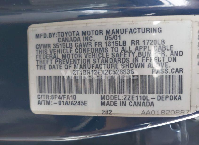 Photo 9 of 2002 Toyota Corolla LE (VIN 2T1BR12EX2C526836)