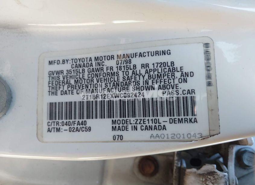 Photo 9 of 1998 Toyota Corolla VE (VIN 2T1BR12EXWC092424)