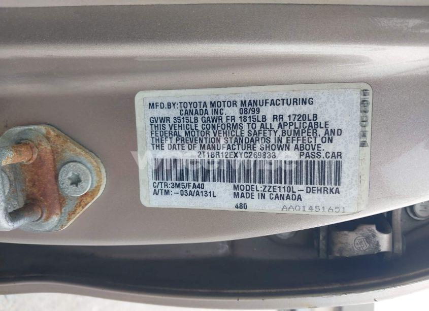 Photo 9 of 2000 Toyota Corolla VE (VIN 2T1BR12EXYC269833)