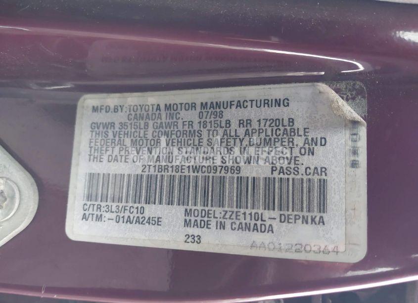 Photo 9 of 1998 Toyota Corolla LE (VIN 2T1BR18E1WC097969)