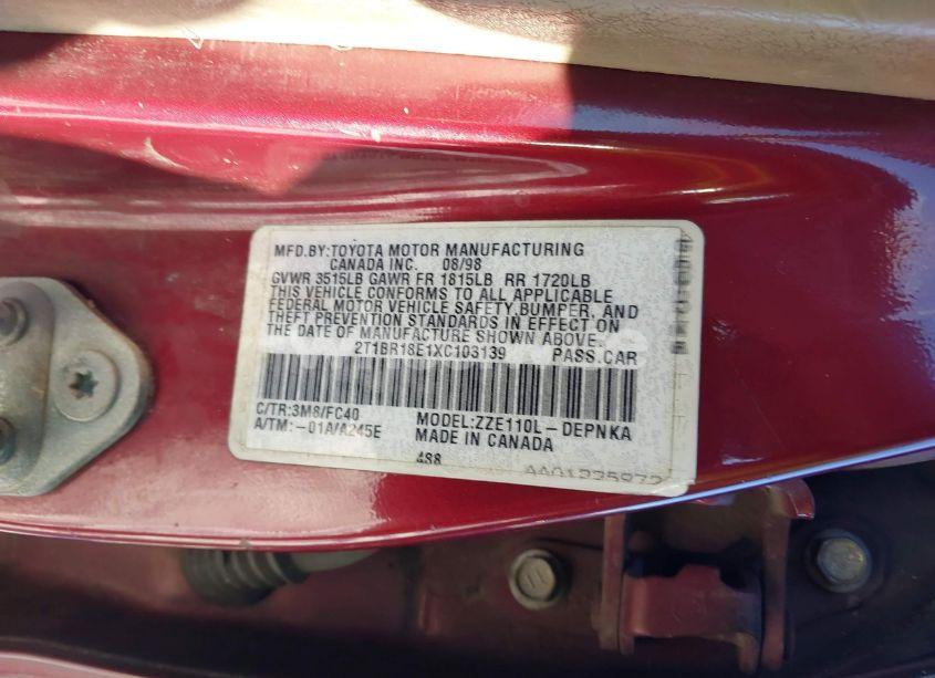 Photo 9 of 1999 Toyota Corolla LE (VIN 2T1BR18E1XC103139)