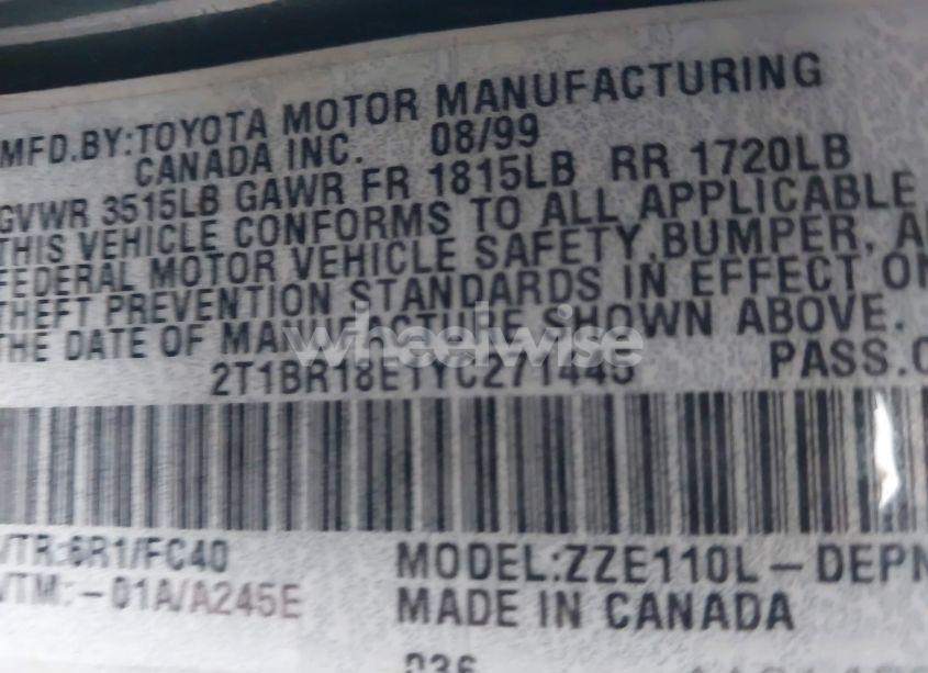 Photo 9 of 2000 Toyota Corolla LE (VIN 2T1BR18E1YC271445)