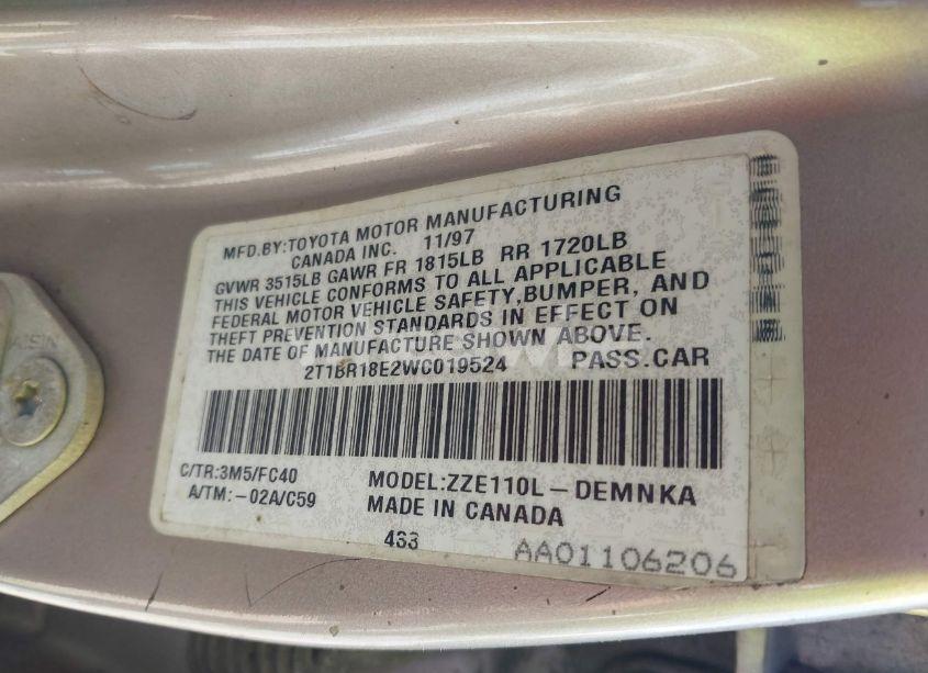 Photo 9 of 1998 Toyota Corolla LE (VIN 2T1BR18E2WC019524)