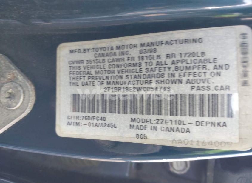 Photo 9 of 1998 Toyota Corolla LE (VIN 2T1BR18E2WC054743)