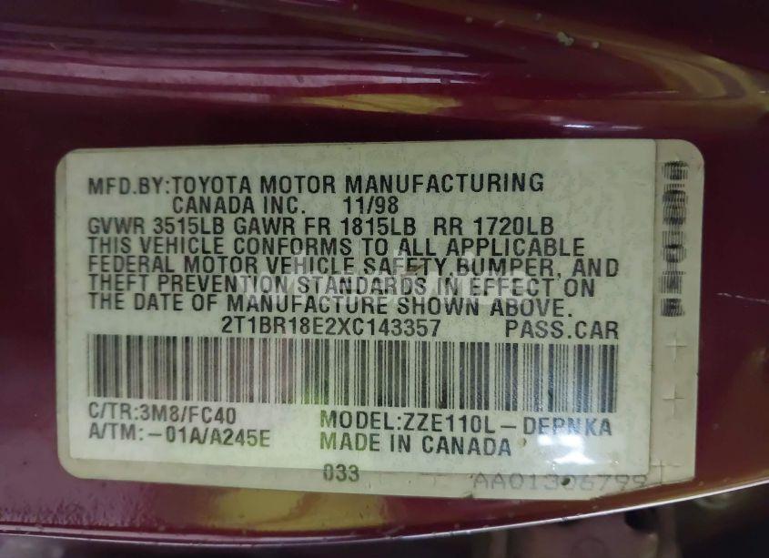 Photo 9 of 1999 Toyota Corolla LE (VIN 2T1BR18E2XC143357)