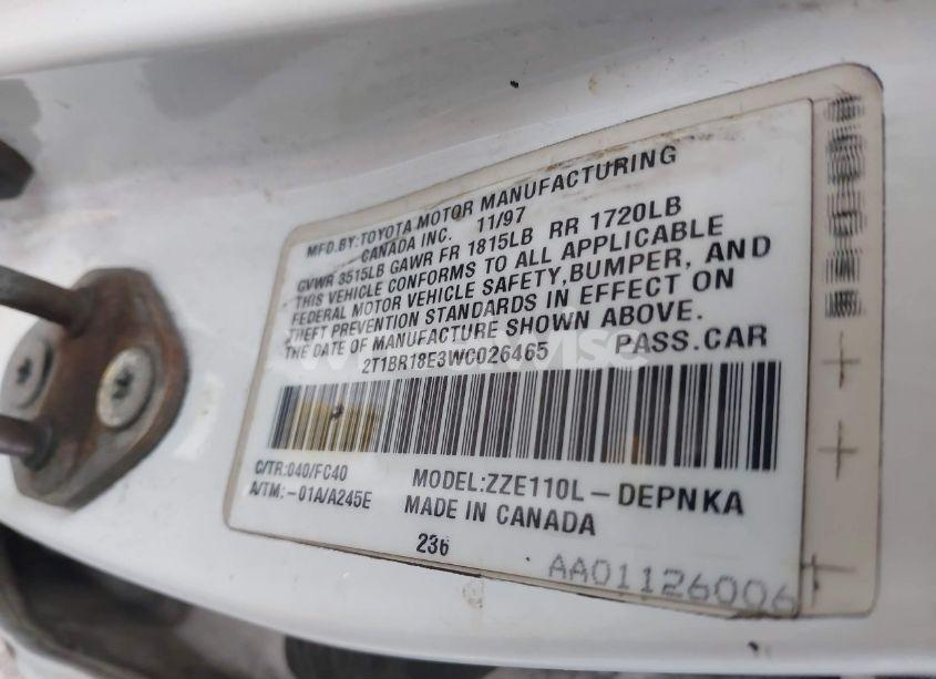 Photo 9 of 1998 Toyota Corolla LE (VIN 2T1BR18E3WC026465)