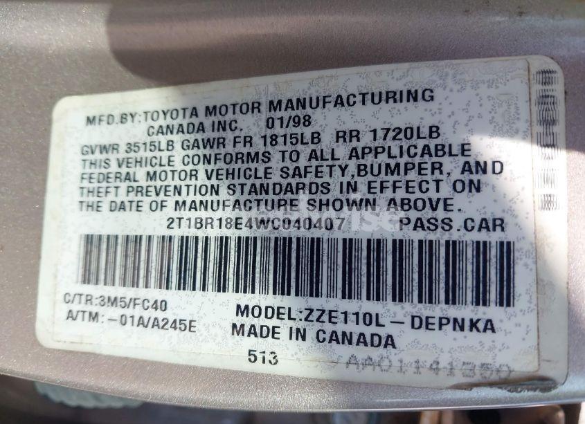 Photo 9 of 1998 Toyota Corolla LE (VIN 2T1BR18E4WC040407)