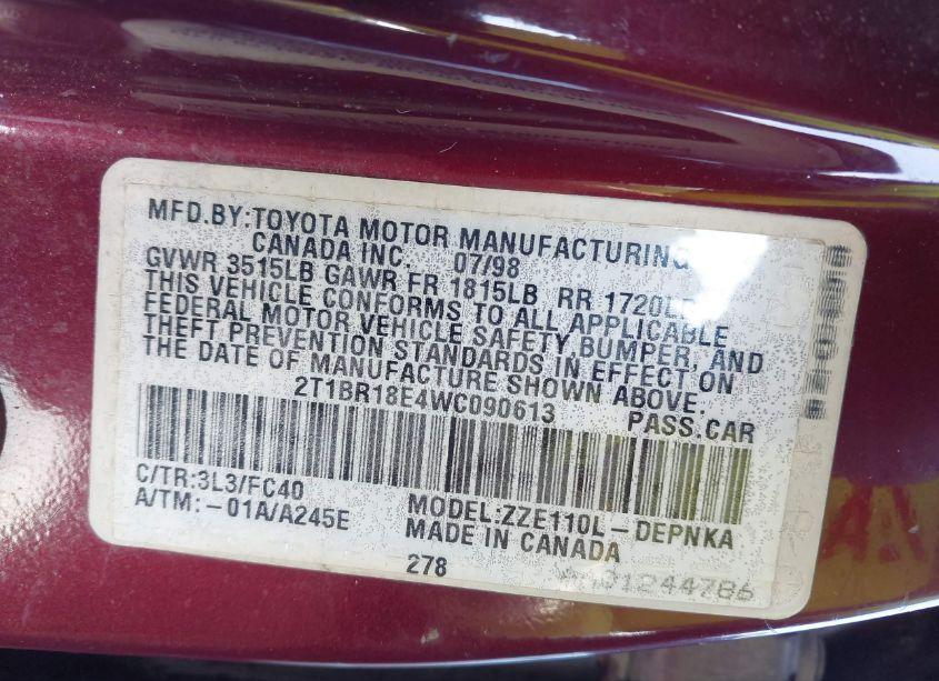 Photo 9 of 1998 Toyota Corolla LE (VIN 2T1BR18E4WC090613)