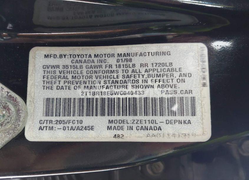 Photo 9 of 1998 Toyota Corolla LE (VIN 2T1BR18E5WC040433)