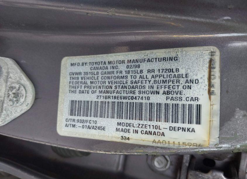 Photo 9 of 1998 Toyota Corolla LE (VIN 2T1BR18E6WC047410)