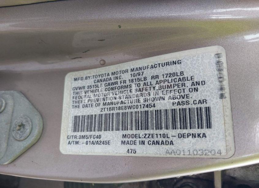 Photo 9 of 1998 Toyota Corolla LE (VIN 2T1BR18E8WC017454)