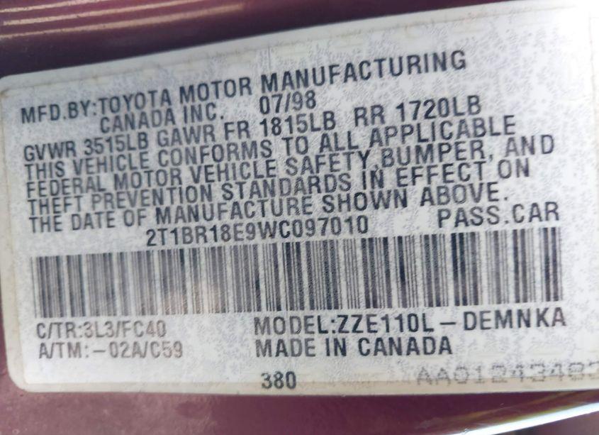 Photo 9 of 1998 Toyota Corolla LE (VIN 2T1BR18E9WC097010)