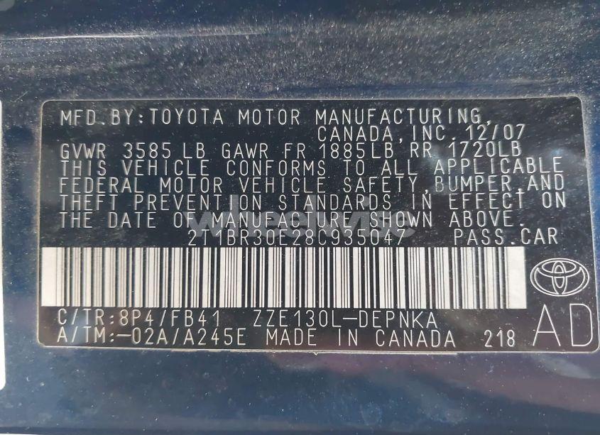 Photo 9 of 2008 Toyota Corolla LE (VIN 2T1BR30E28C935047)