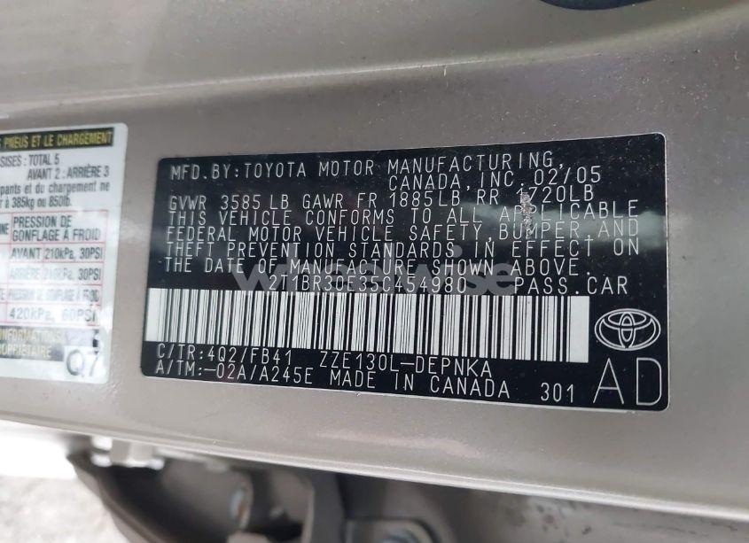 Photo 9 of 2005 Toyota Corolla CE/LE/S (VIN 2T1BR30E35C454980)