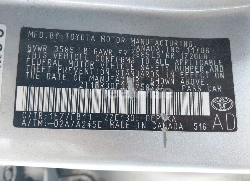 Photo 9 of 2007 Toyota Corolla LE (VIN 2T1BR30E37C758734)