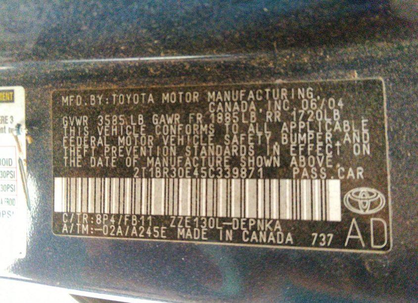 Photo 9 of 2005 Toyota Corolla LE (VIN 2T1BR30E45C339871)