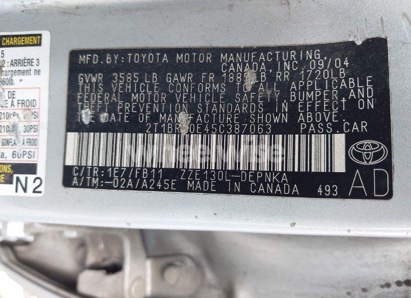 Photo 9 of 2005 Toyota Corolla LE (VIN 2T1BR30E45C387063)