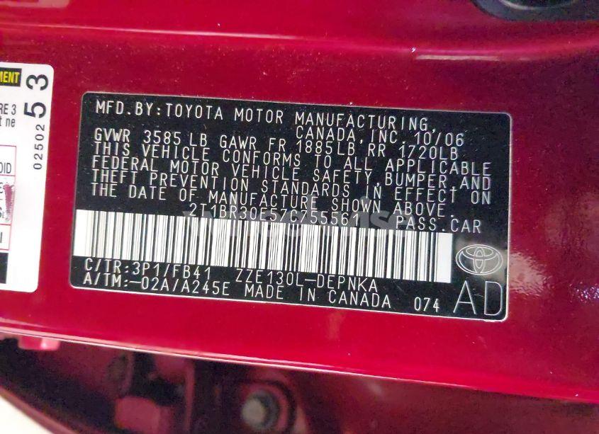 Photo 9 of 2007 Toyota Corolla LE (VIN 2T1BR30E57C755561)