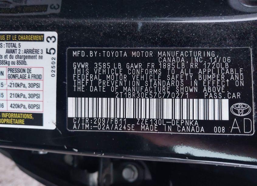 Photo 9 of 2007 Toyota Corolla LE (VIN 2T1BR30E57C770271)