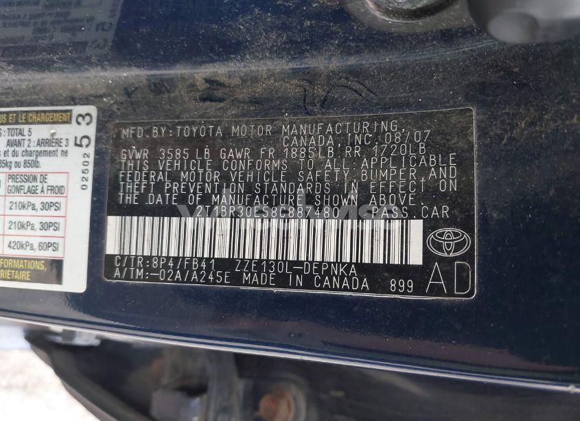 Photo 9 of 2008 Toyota Corolla LE (VIN 2T1BR30E58C887480)