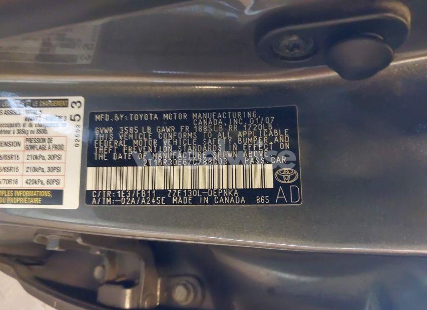 Photo 9 of 2007 Toyota Corolla LE (VIN 2T1BR30E67C788603)