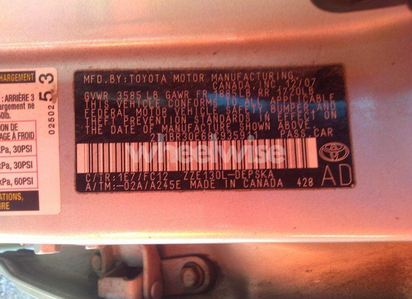 Photo 9 of 2008 Toyota Corolla S (VIN 2T1BR30E68C935911)