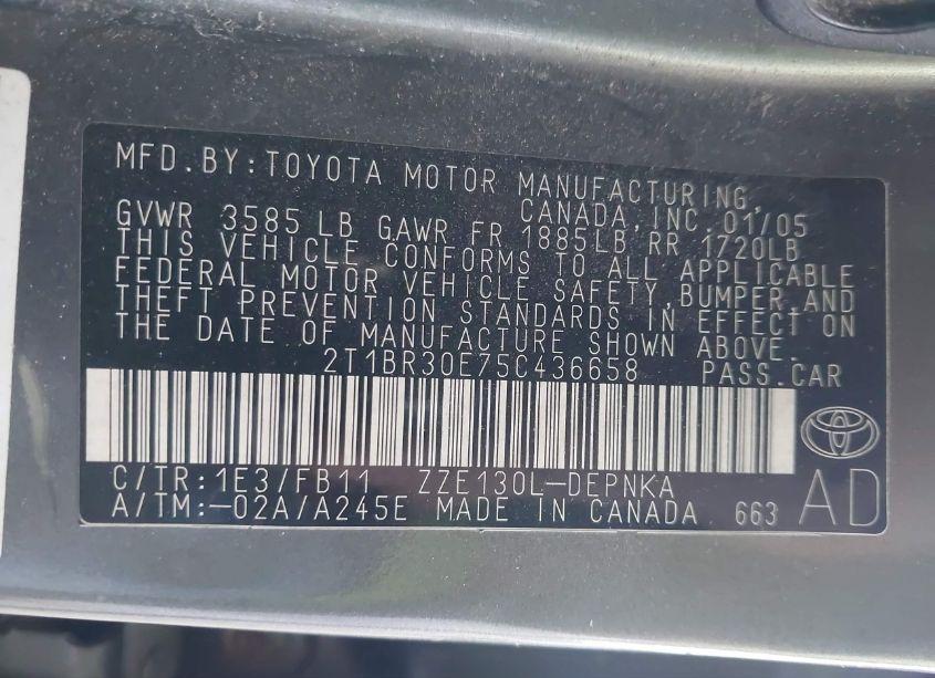 Photo 9 of 2005 Toyota Corolla LE (VIN 2T1BR30E75C436658)