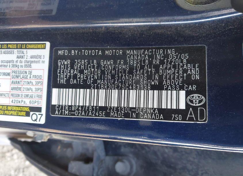 Photo 9 of 2005 Toyota Corolla LE (VIN 2T1BR30E75C483138)