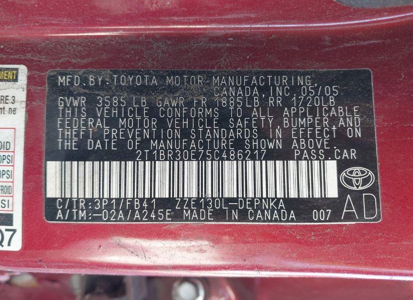 Photo 9 of 2005 Toyota Corolla LE (VIN 2T1BR30E75C486217)