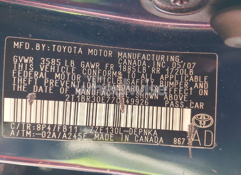 Photo 9 of 2007 Toyota Corolla LE (VIN 2T1BR30E77C849926)