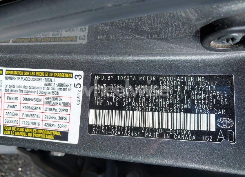 Photo 9 of 2007 Toyota Corolla LE (VIN 2T1BR30E77C852843)