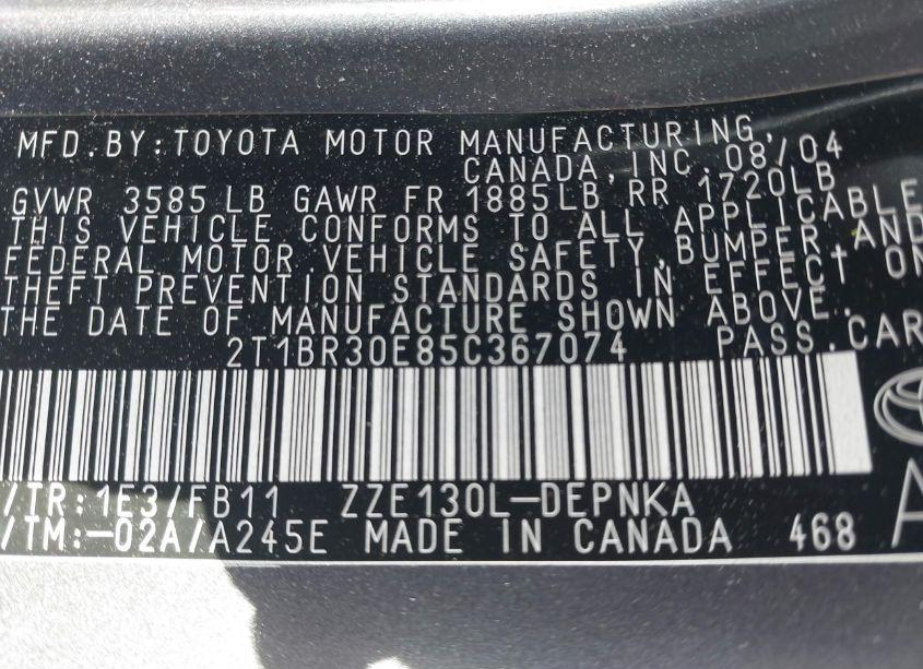 Photo 9 of 2005 Toyota Corolla LE (VIN 2T1BR30E85C367074)