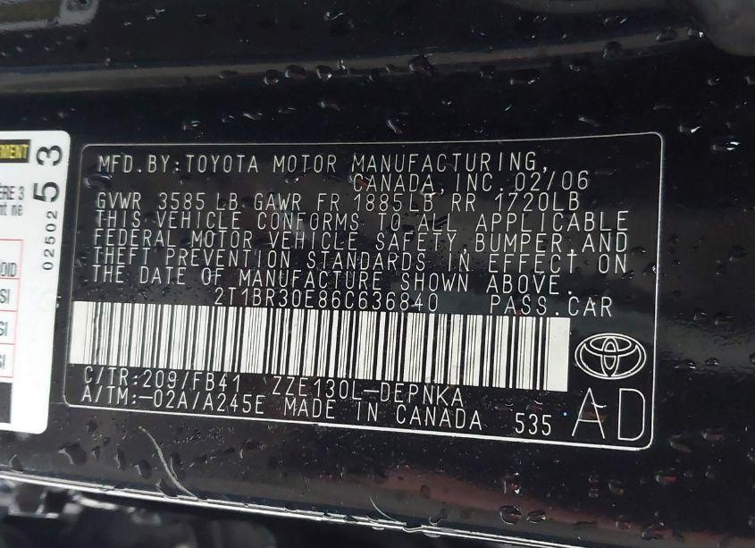 Photo 9 of 2006 Toyota Corolla LE (VIN 2T1BR30E86C636840)