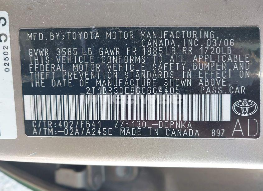 Photo 9 of 2006 Toyota Corolla LE (VIN 2T1BR30E96C664405)