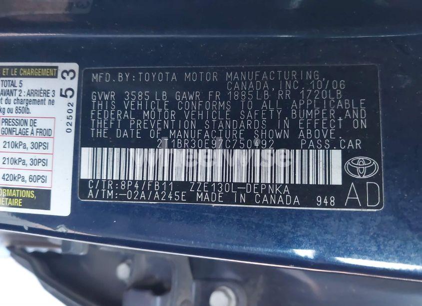 Photo 9 of 2007 Toyota Corolla LE (VIN 2T1BR30E97C750492)