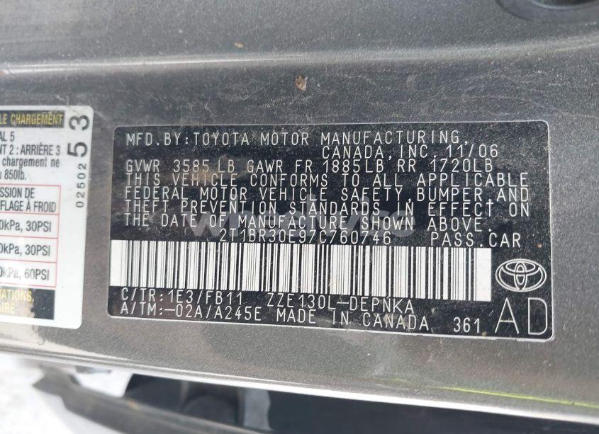 Photo 9 of 2007 Toyota Corolla LE (VIN 2T1BR30E97C760746)