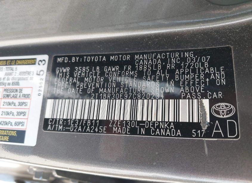 Photo 9 of 2007 Toyota Corolla LE (VIN 2T1BR30E97C820234)