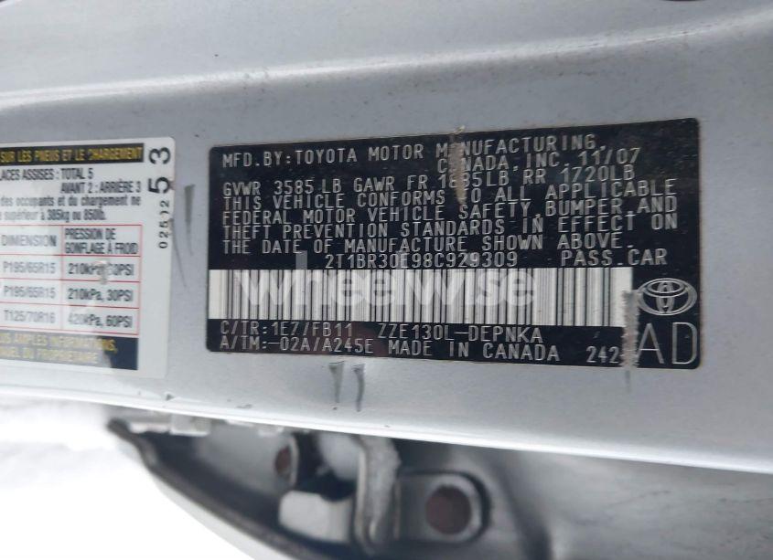 Photo 9 of 2008 Toyota Corolla LE (VIN 2T1BR30E98C929309)