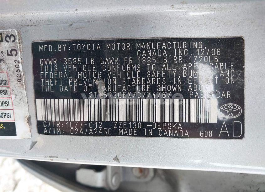 Photo 9 of 2007 Toyota Corolla S (VIN 2T1BR30EX7C774767)