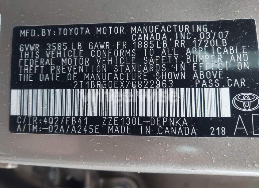 Photo 9 of 2007 Toyota Corolla LE (VIN 2T1BR30EX7C822963)