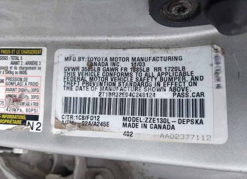 Photo 9 of 2004 Toyota Corolla S (VIN 2T1BR32E04C248124)