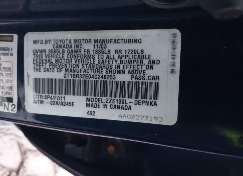 Photo 9 of 2004 Toyota Corolla LE (VIN 2T1BR32E04C248253)