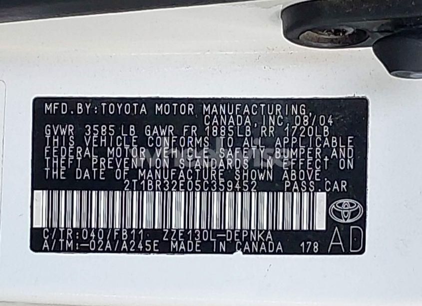 Photo 9 of 2005 Toyota Corolla LE (VIN 2T1BR32E05C359452)