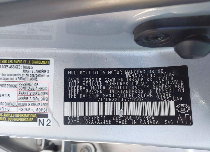 Photo 9 of 2005 Toyota Corolla LE (VIN 2T1BR32E05C405071)