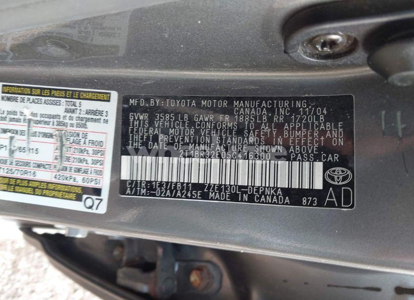 Photo 9 of 2005 Toyota Corolla LE (VIN 2T1BR32E05C416300)