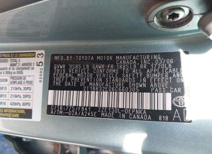 Photo 9 of 2006 Toyota Corolla LE (VIN 2T1BR32E06C660305)