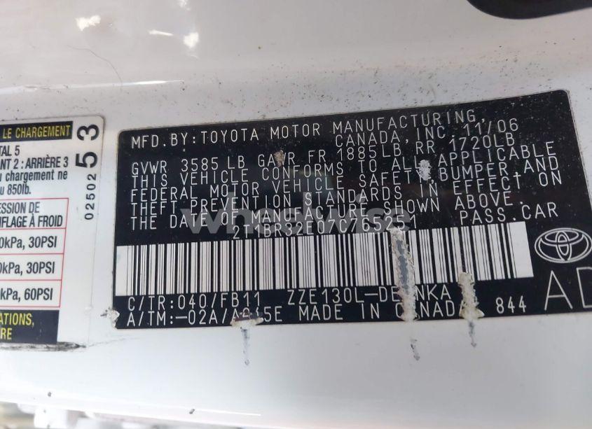 Photo 9 of 2007 Toyota Corolla LE (VIN 2T1BR32E07C765251)