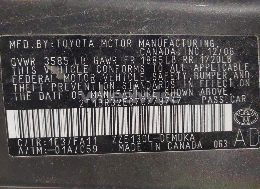 Photo 9 of 2007 Toyota Corolla CE (VIN 2T1BR32E07C779747)